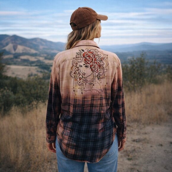 Handmade Tops - Upcycled Hand PaintedFlowers Butterflies Flannel Shirt - Bleached Red M
